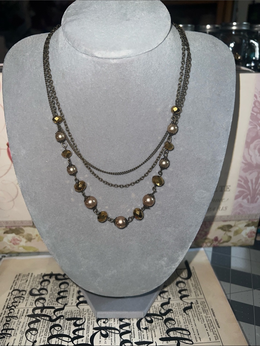Three-Strand Metallic Pearl and Bead Necklace - Bronze Tone